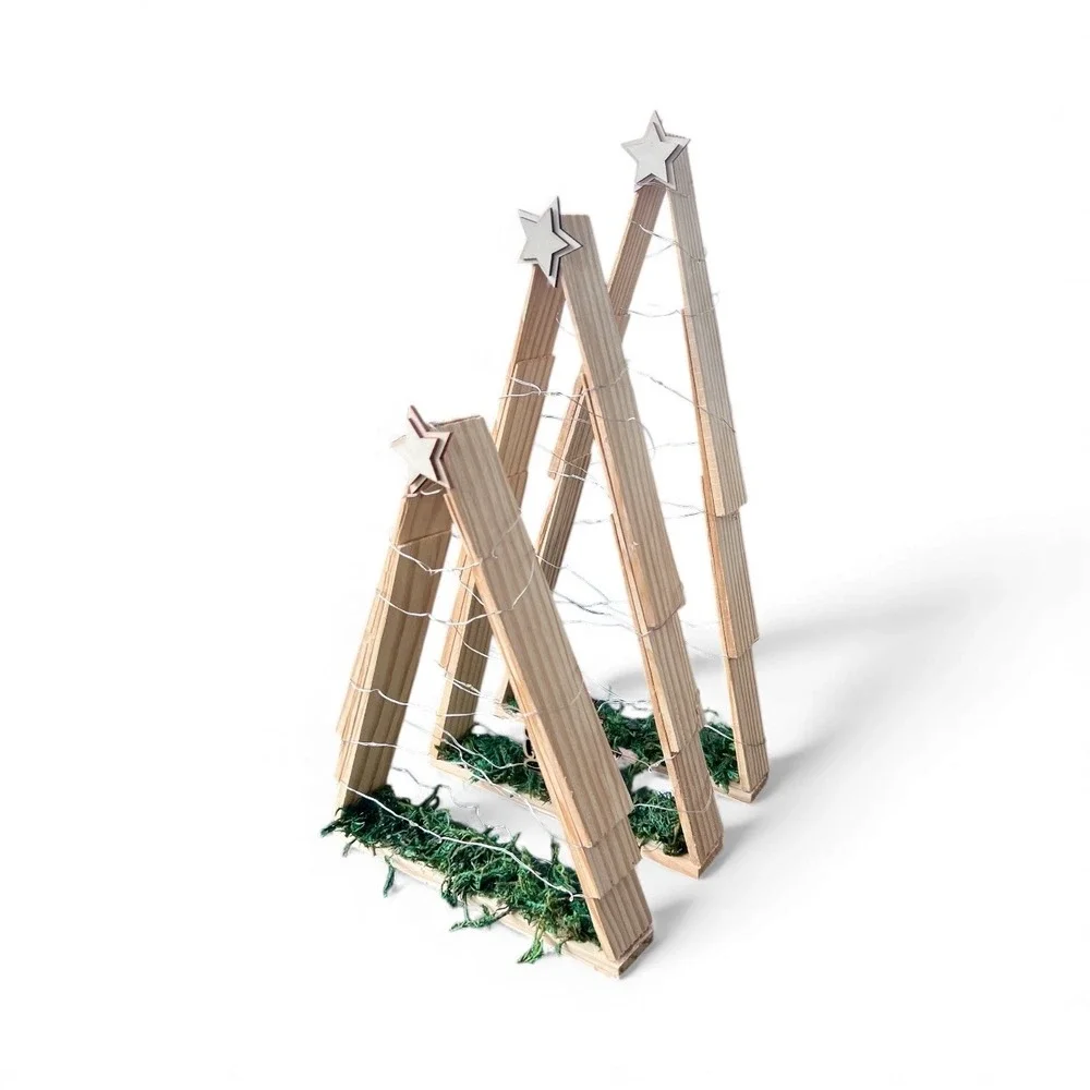 Set of‎ 3 Rustic Wooden Christmas Trees with Lights, 10, 13.5, 15 in. Heights